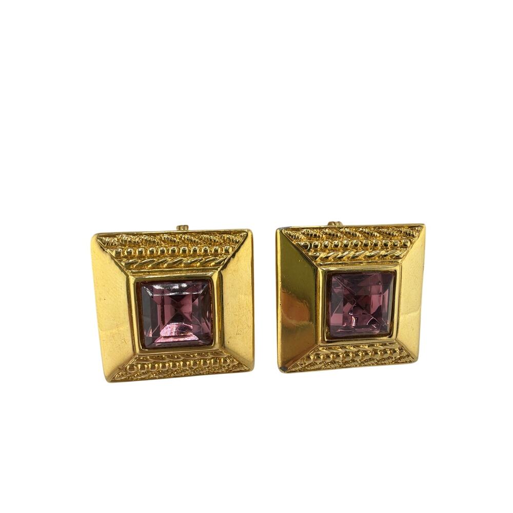 Vintage Monet Gold Tone Square Purple Rhinestone Clip On Earrings